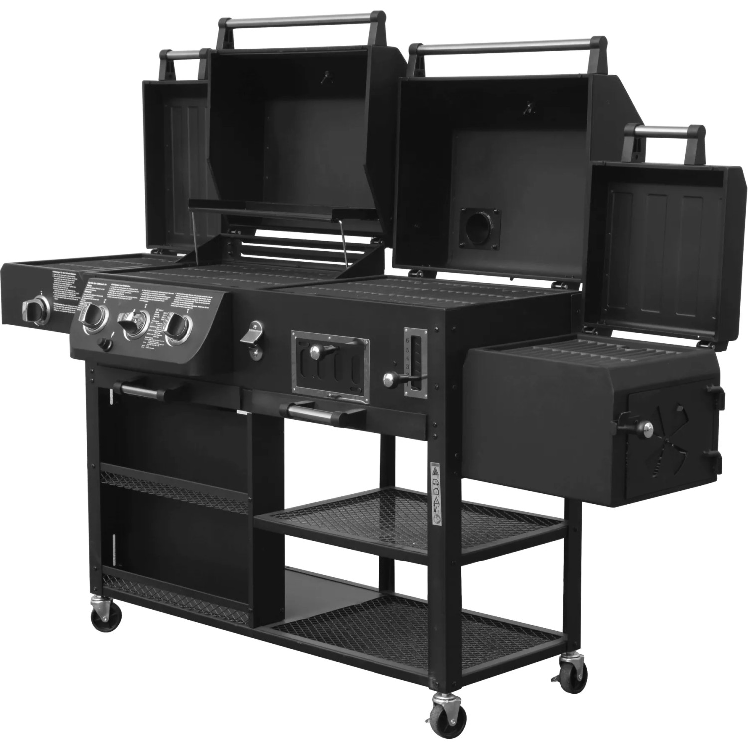 Schwarzer El Fuego Kombigrill Arizona mit 3 Brennern, Seitenbrenner, Gas- und Holzkohlefunktion.