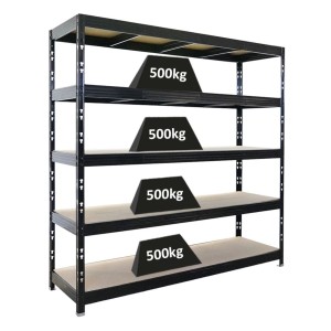 Schwarzes PROREGAL Schwerlastregal Rhino mit 5 Spanplatten-Ebenen und je 500kg Fachlast.