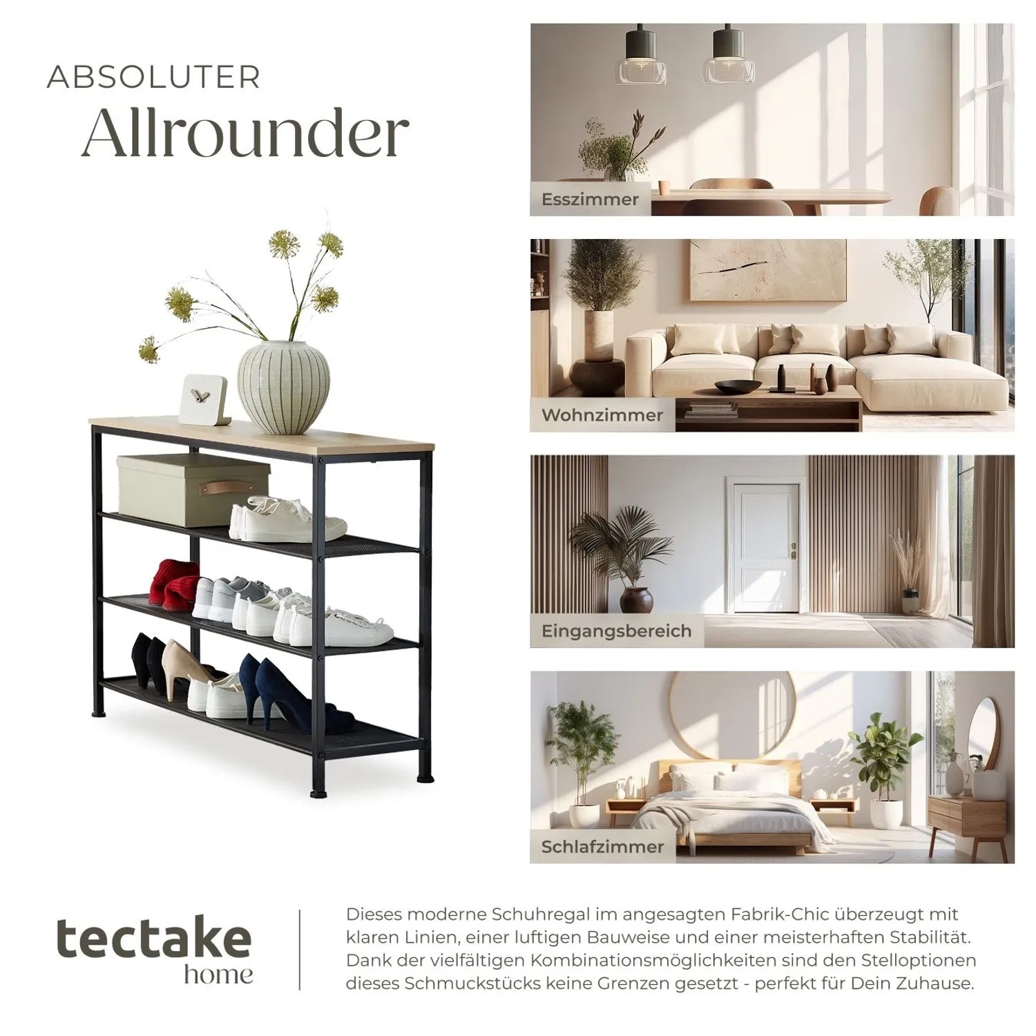 Tectake Schuhregal Portsmouth Industrial Style Holz und Stahl 100 x 30 50 x 72 50 cm Industrial Holz Hell Eiche Sonoma_7