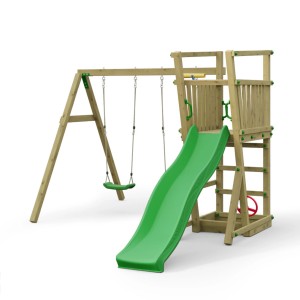 Holz-Spieltum Funky Combo DREAM mit Rutsche, Schaukeln und Sandkasten für den Garten.