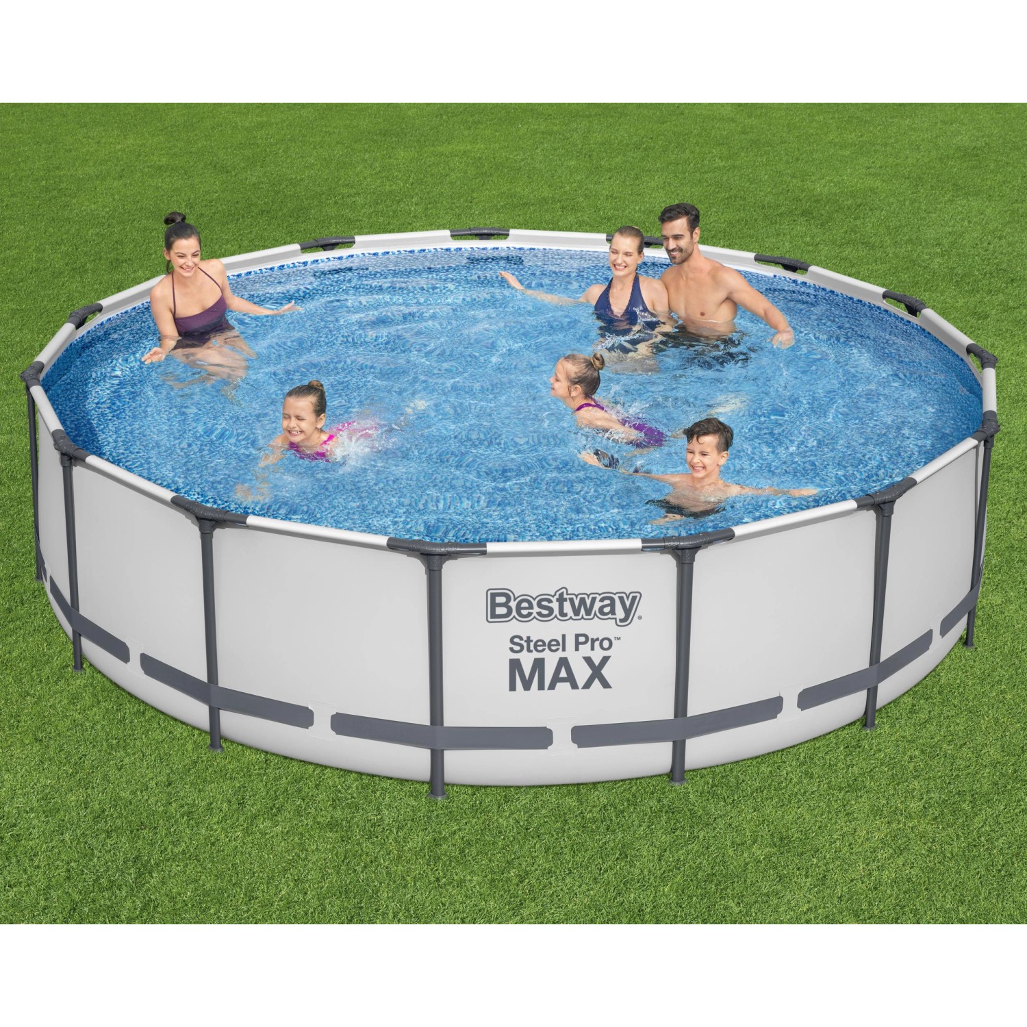 Bestway Stahlrahmenpool Steel Pro Max, Ø 457 cm, mit Familie im Wasser.