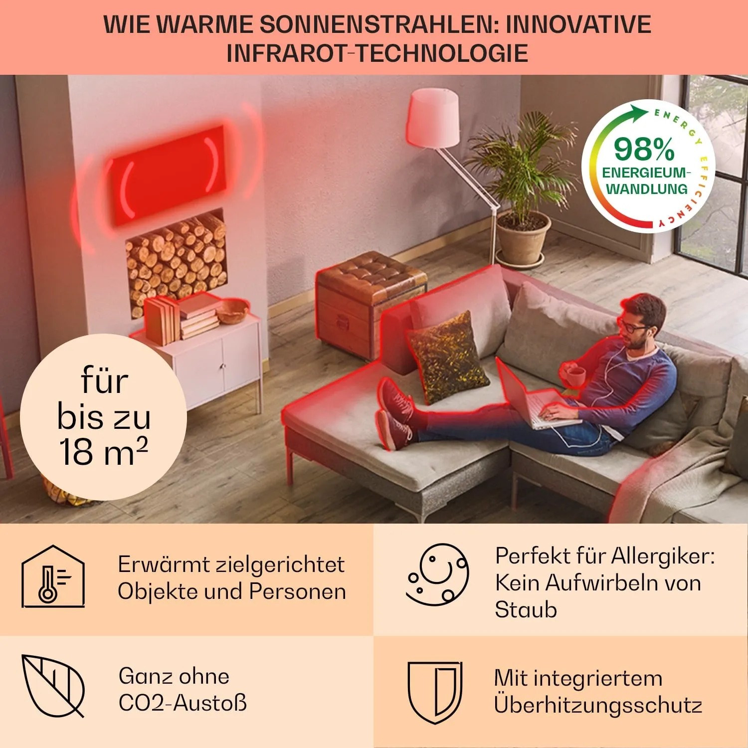 Klarstein La Palma Infrarotstrahler als Spiegel & Heizung im Wohnraum, 900W, schwarz.