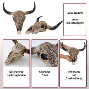 MCW Deko Schädel C15 Longhorn mit Tribal-Muster, detailreich und witterungsbeständig.