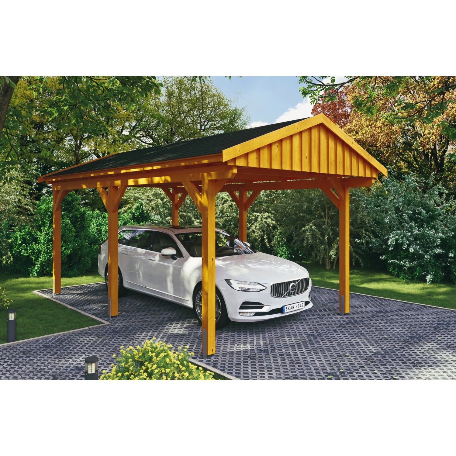 Skan Holz Carport Fichtelberg 317 cm x 566 cm Schwarze Schindeln Eiche Hell