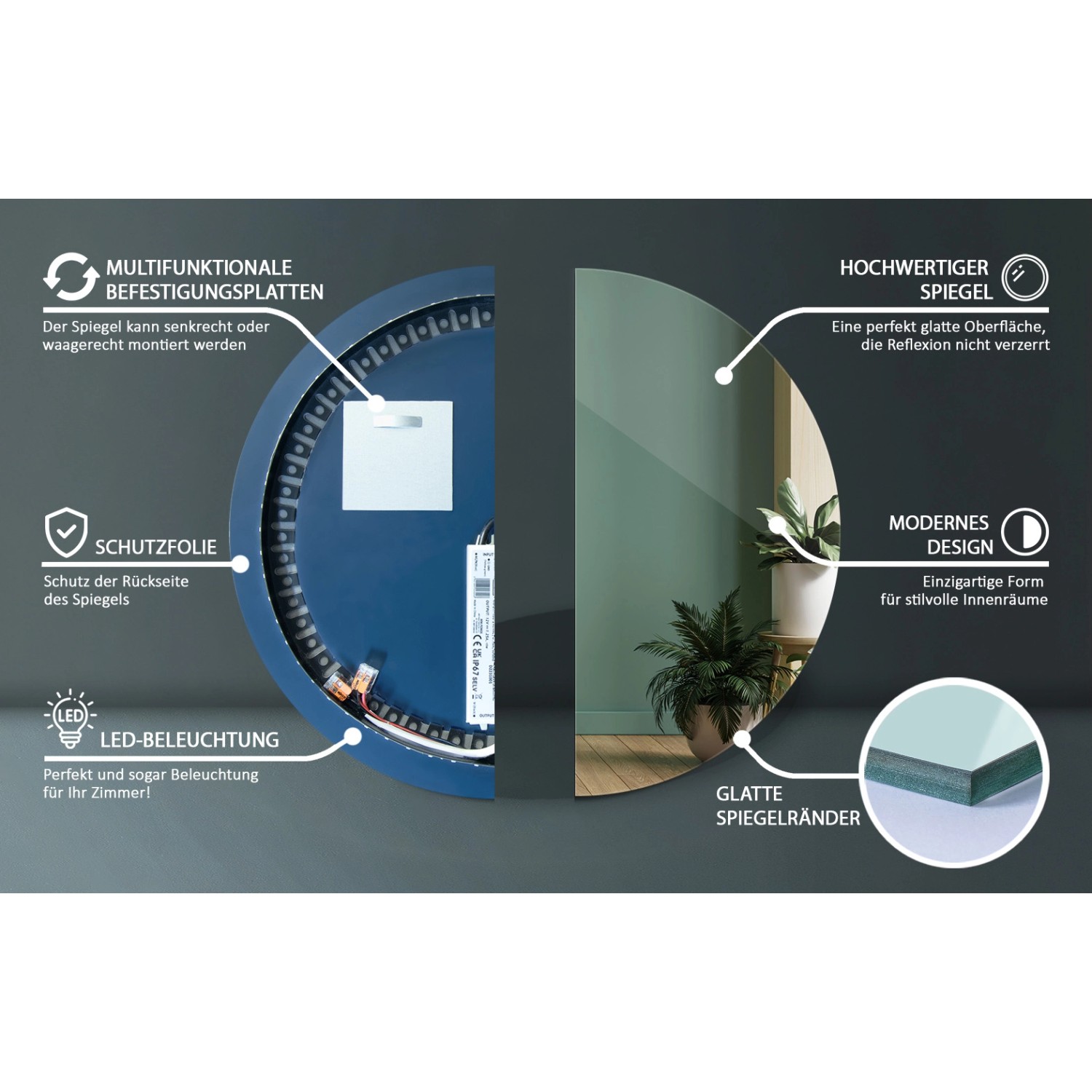 Tulup LED-Lichtspiegel Ø100 cm Dekospiegel Runder Spiegel mit LED-Hintergrundbeleuchtung Badspiegel Neutralweiß 4000K_4