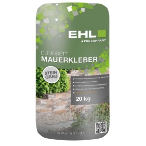 EHL Dünnbett-Mauerkleber 20 kg, Steingrau. Sack mit Gartenmauer-Motiv für stabile Mauersteine.