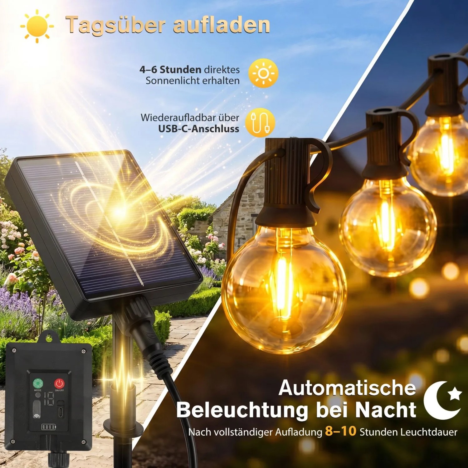 Salcar Solar G40 LED Lichterkette für außen, lädt tagsüber, leuchtet nachts warmweiß im Garten.