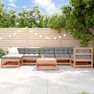 8-teiliges Garten Lounge Set aus Douglasie mit grauen Kissen. Gartenmöbel für Terrasse und Garten.