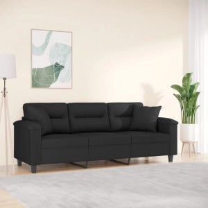 Schwarzes 3-Sitzer Sofa (180 cm) mit Kissen aus Mikrofasergewebe. Gemütliches Sofa für Wohnzimmer.