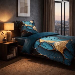 SANILO Bettwäsche 2-teilig Marmor Cobalt auf einem Bett mit Nachttisch und Lampe.