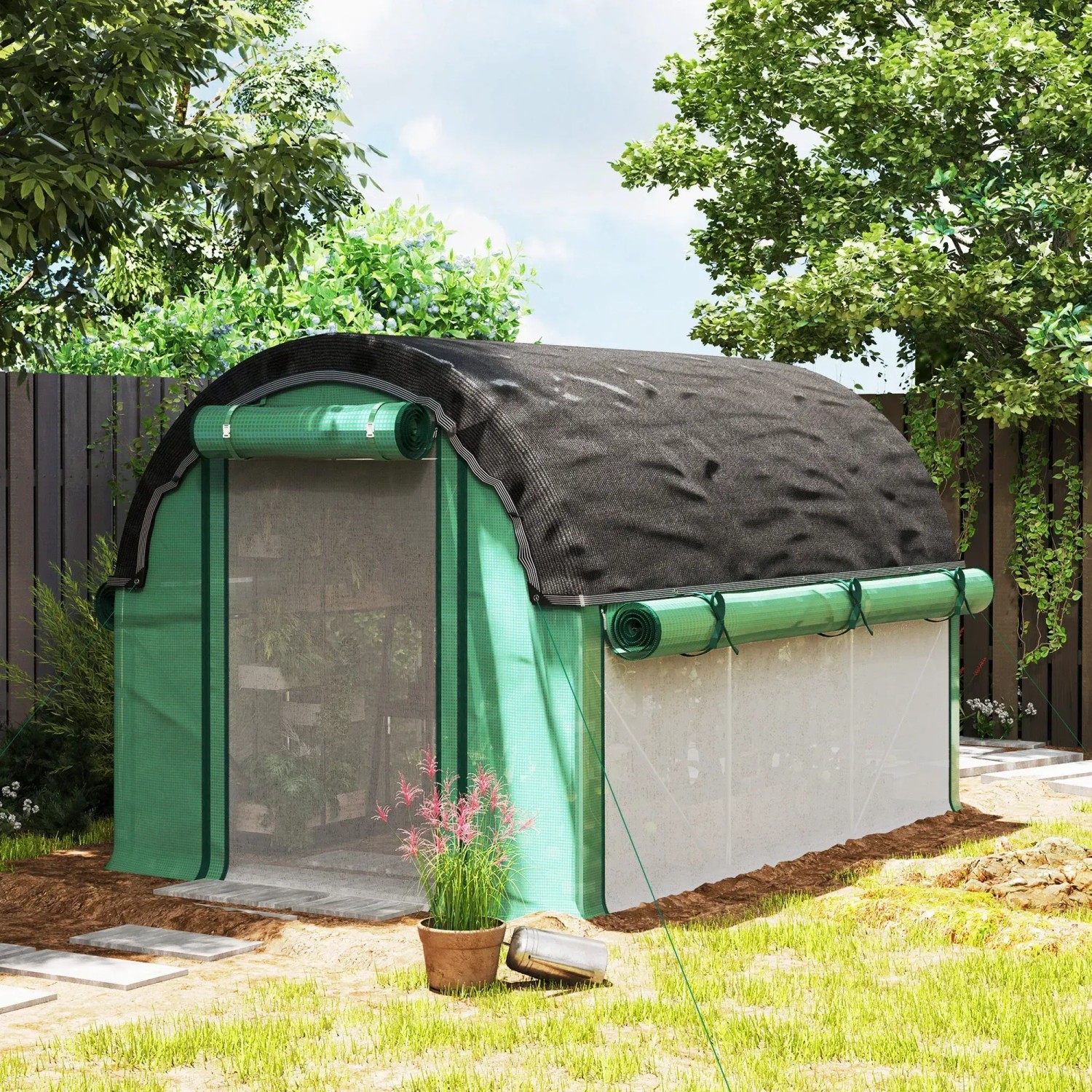 Outsunny Gewächshaus mit aufrollbaren Seitenwänden, 3x2x2 m, im Garten.