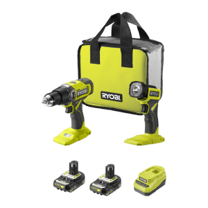 Ryobi Akku-Schlagbohrschrauber-Set RPD18-2C20ST. Grüner Bohrschrauber, LED-Leuchte, 2 Akkus, Ladegerät, Tasche.