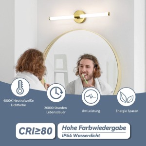 Goldene NETTLIFE LED Spiegelleuchte L60 aus Metall über Badspiegel, 4000K neutralweißes Licht. IP44, Badleuchte.