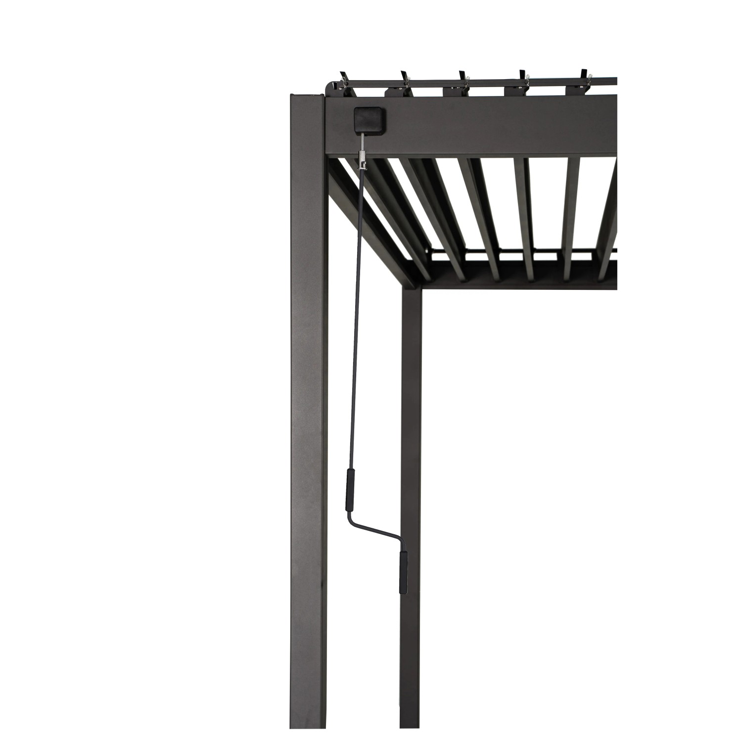 Detailaufnahme der anthrazitfarbenen Pergola Mirador Basic 3x3 m mit Lamellen und Kurbel.