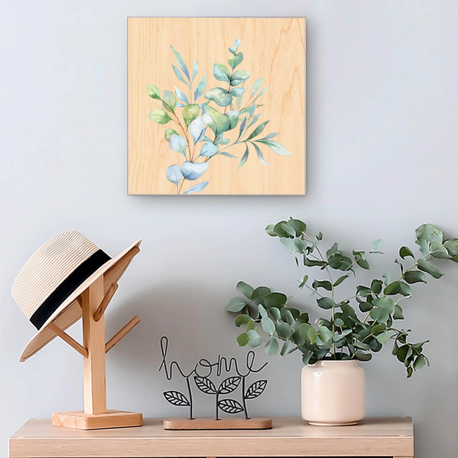 Banjado Schlüsselkasten mit Eukalyptus Aquarell Motiv. Schlüsselbox aus Holz, weiß mit 50 Haken zur Wandmontage.