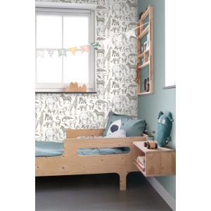 Kinderzimmer mit Dschungeltier-Tapete in Crême-Weiß von ESTAhome, Elefanten, Giraffen und Zebras.