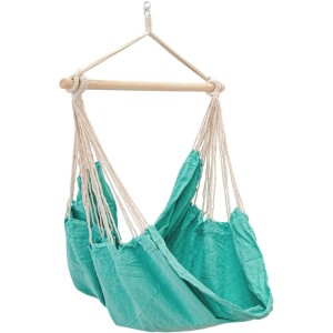 Mintfarbener AMANKA XXL Hängesessel aus Baumwolle mit Holzspreizstab und Seilaufhängung.