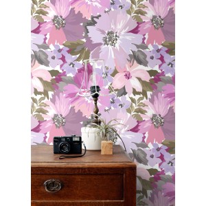ESTAhome Tapete Blumen Violett und Olivgrün 50 x 900 cm
