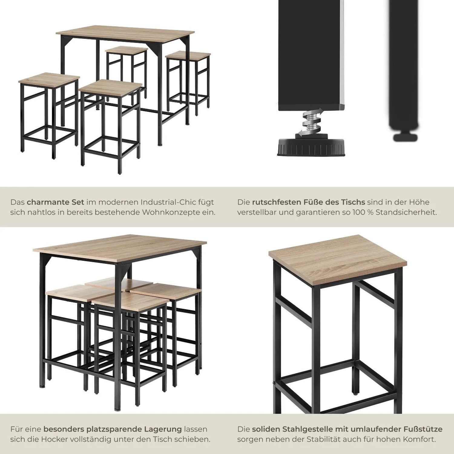 Tectake Bartisch-Set Edinburgh, 5-teilig, mit 4 Hockern, Industrial-Look Holz Eiche Sonoma