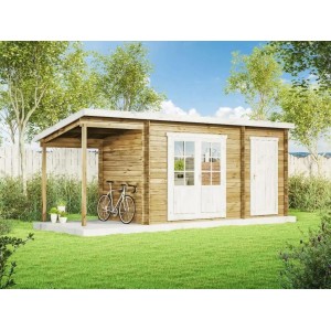 Carlsson Gartenhaus Martina-28 mit Pultdach, imprägniert, 430x174 cm. Holz-Gartenhaus mit Fahrrad.