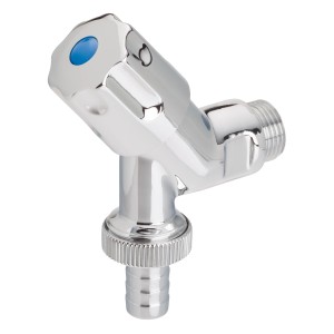 Verchromtes Auslaufventil 21 mm mit blauem Acrylgriff für Kaltwasser-Zapfstelle.