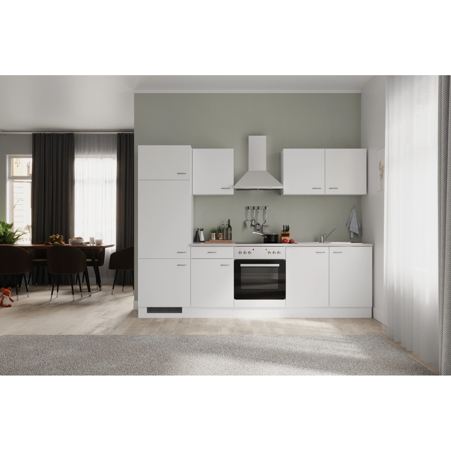 Weiße Flex-Well Classic Küchenzeile Wito 270 cm mit E-Geräten und Spüle.