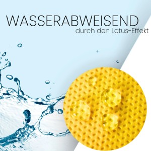 Gelbe Sensalux Vlies-Tischdecke mit Wasserabweisungseffekt und Wassertropfen.