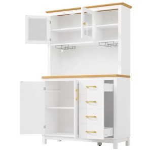 Moderner weißer Buffetschrank mit Holzakzenten, Glastüren, Schubladen, Regalen und Getränkehaltern für die Küche.