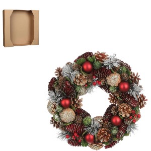 Weihnachtlicher Kranz Rot, Ø 34cm, mit Kugeln und Zapfen für festliche Deko.