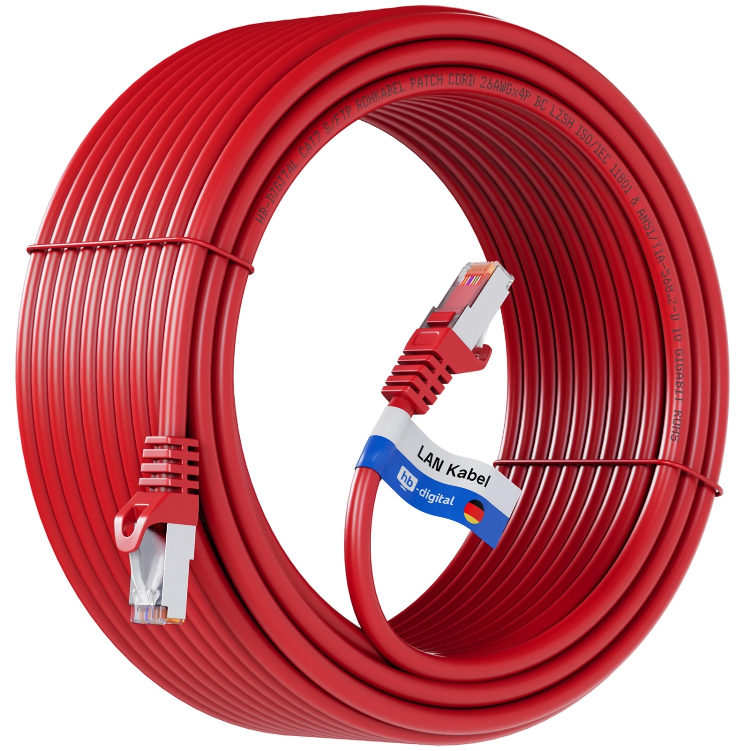 hb-digital 10m LAN Kabel CAT 7 Rohkabel RJ45 S/FTP PiMF LSZH AWG 26 Rot
