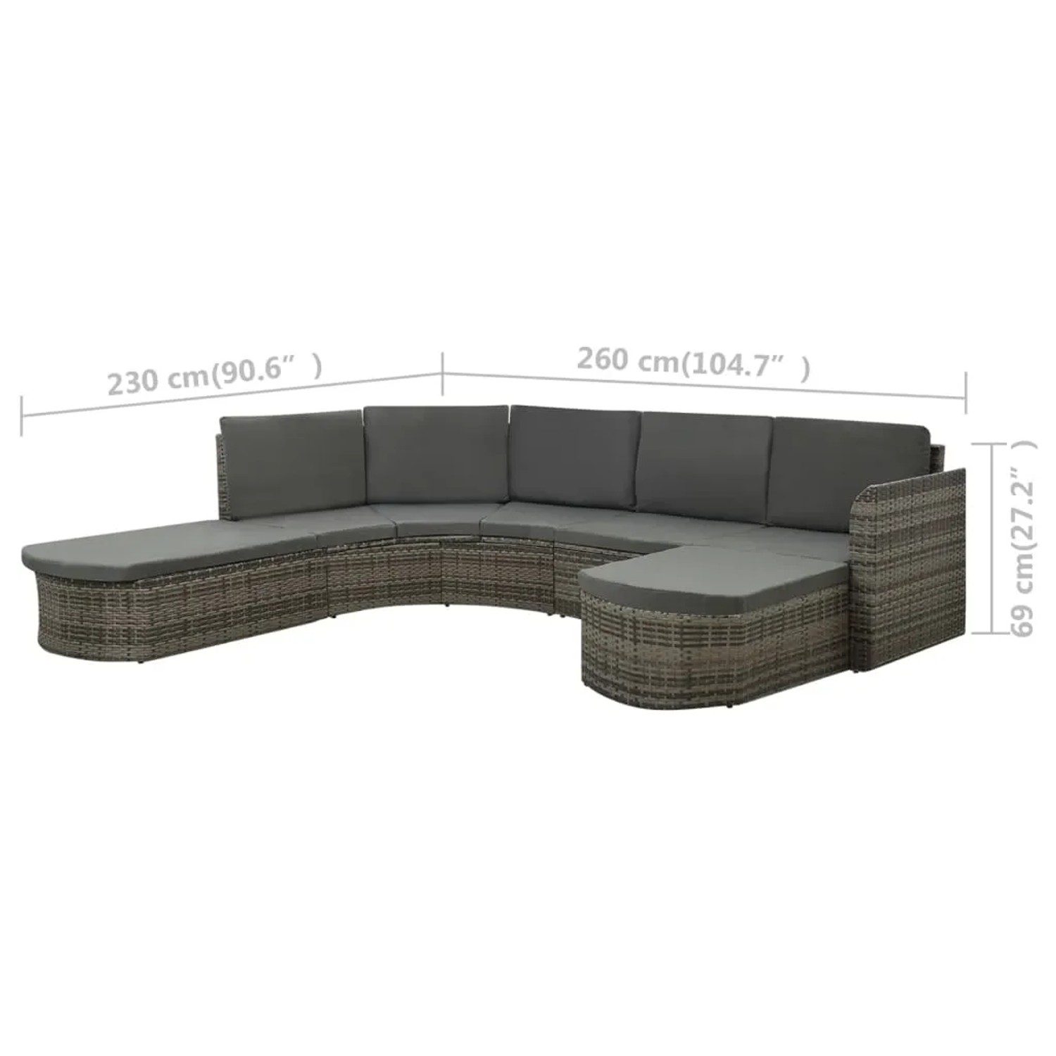 Graues vidaXL Garten Lounge Set aus Rattan mit anthrazitfarbenen Auflagen, bestehend aus Sofaelementen und Ottomanen.
