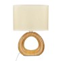 Beige Tischleuchte mit Holzoptik-Fuß und Stoffschirm, 28 cm hoch. Design-Tischlampe für stimmungsvolles Licht.