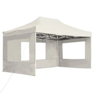 Cremefarbenes, faltbares Profi-Partyzelt 4,5x3 m mit Wänden und Fenstern.