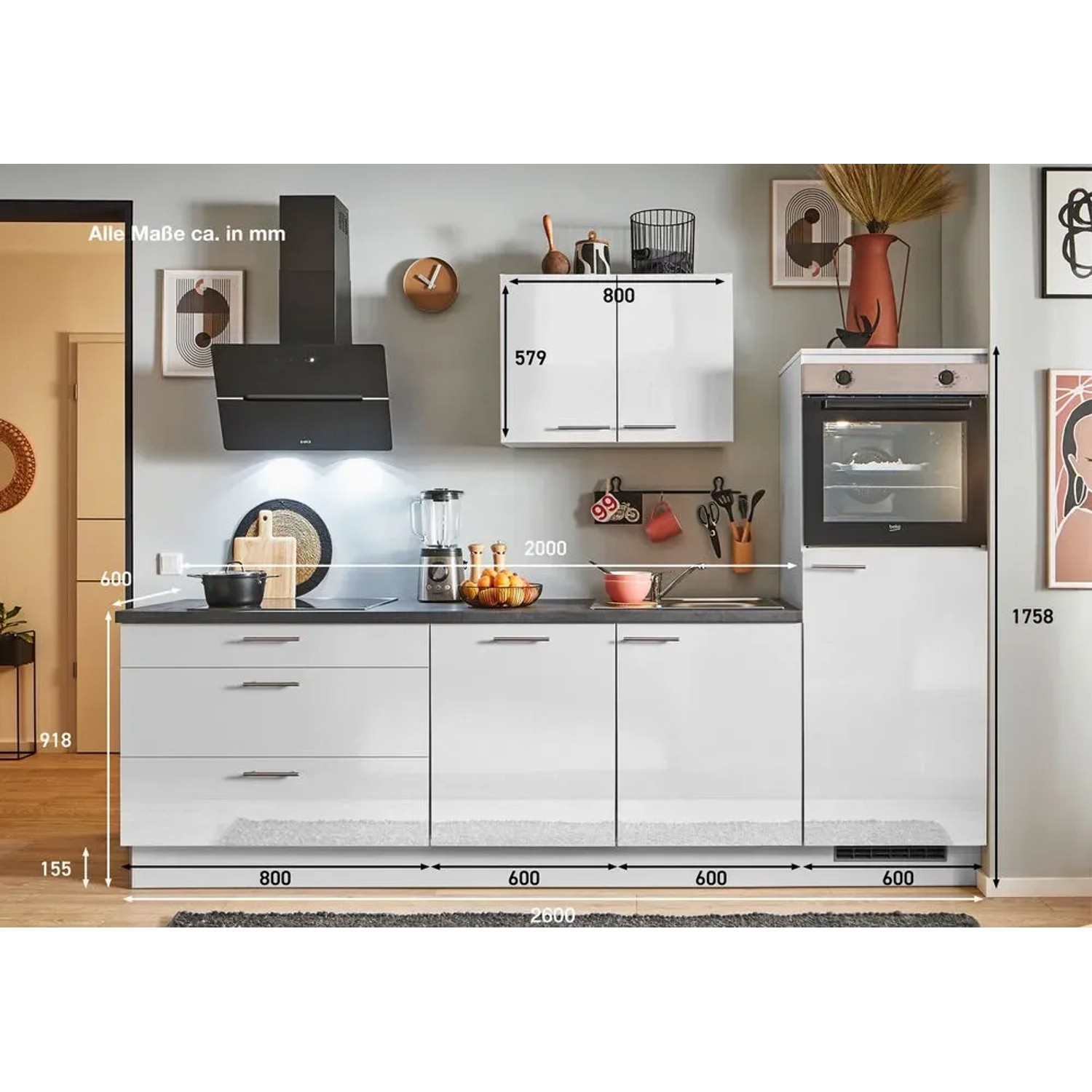 Moderne pino Küchenzeile, 260 cm, lichtgrau hochglanz mit Geräteschrank und E-Geräten.