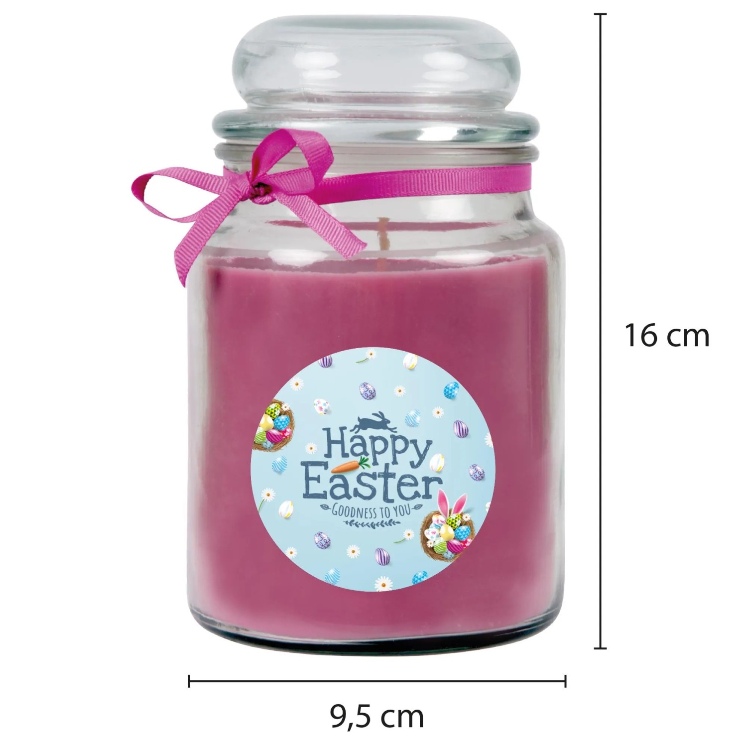 Lila Duftkerze im Glas mit Oster-Motiv und rosa Schleife. Happy Easter Kerze.