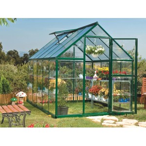Grünes Palram Canopia Hybrid Gewächshaus 3.1x1.9 mit klaren Seitenwänden und Pflanzen.