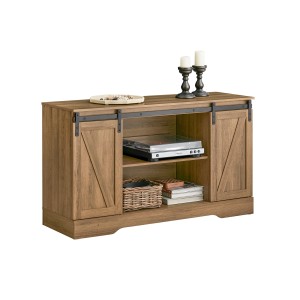Braunes SoBuy Sideboard FSB60-BR mit Schiebetüren, offenen Fächern und Deko-Elementen.