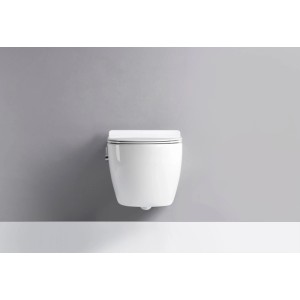 Modernes spülrandloses Wand-WC aus Sanitärkeramik mit Duschfunktion und Softclose-Sitz in Weiß.