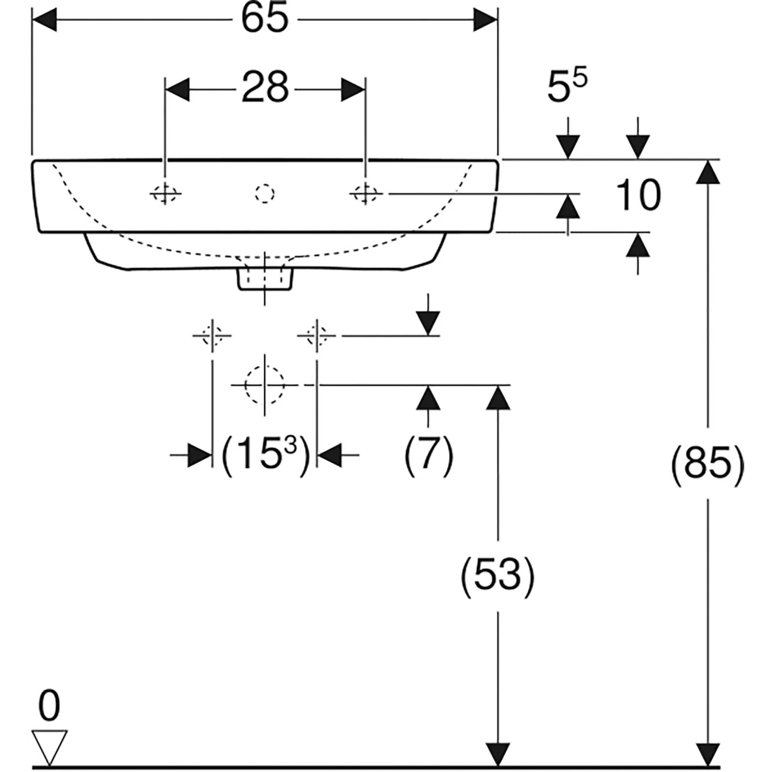 Technische Zeichnung: Geberit Renova Plan Waschbecken, 65x48 cm, Maße und Details.