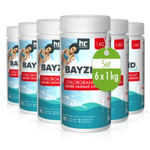 Bayzid Chlorgranulat für Pools, 6 x 1 kg Set zur Poolpflege. Chlor zur Desinfektion im Eimer.
