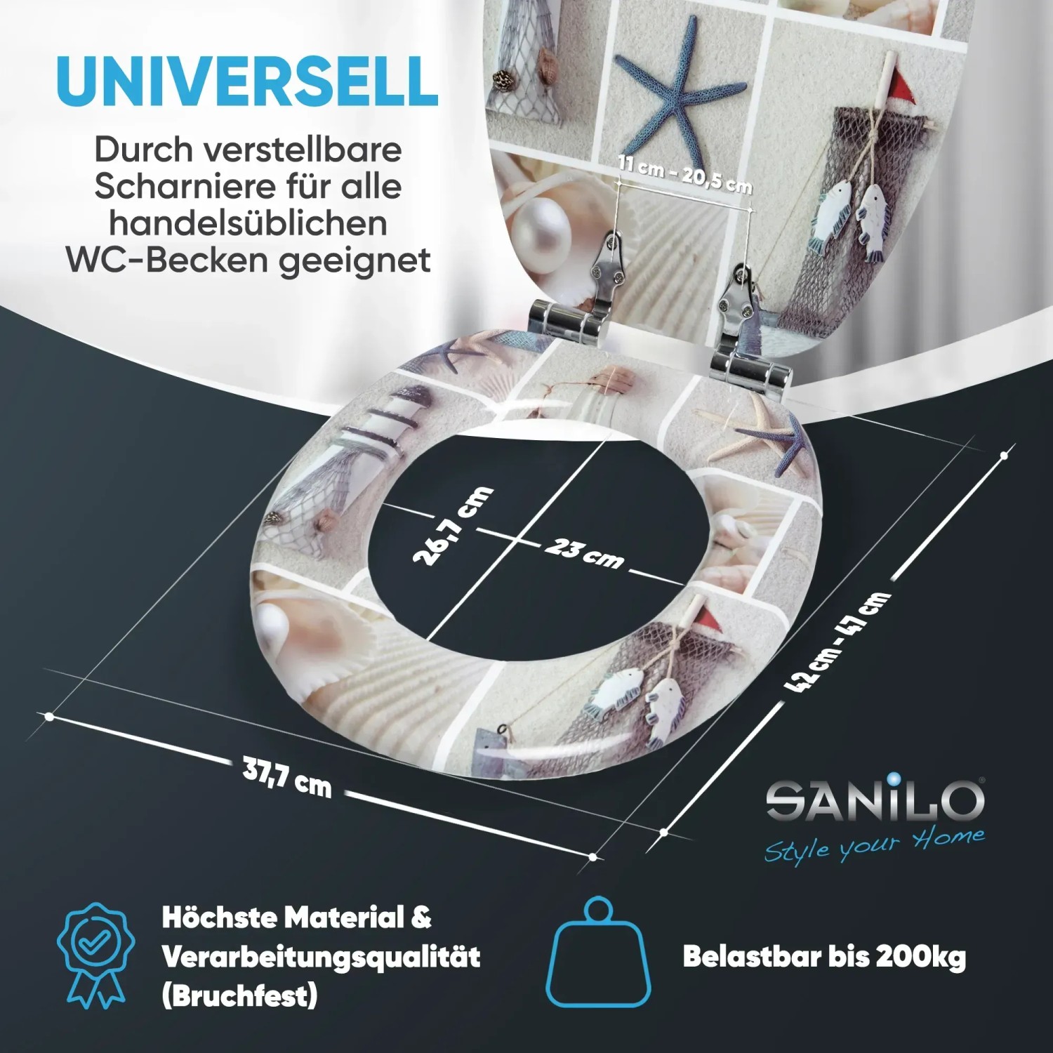 Sanilo WC-Sitz Meeresbrise mit Absenkautomatik, Dekor mit Strandmotiven.
