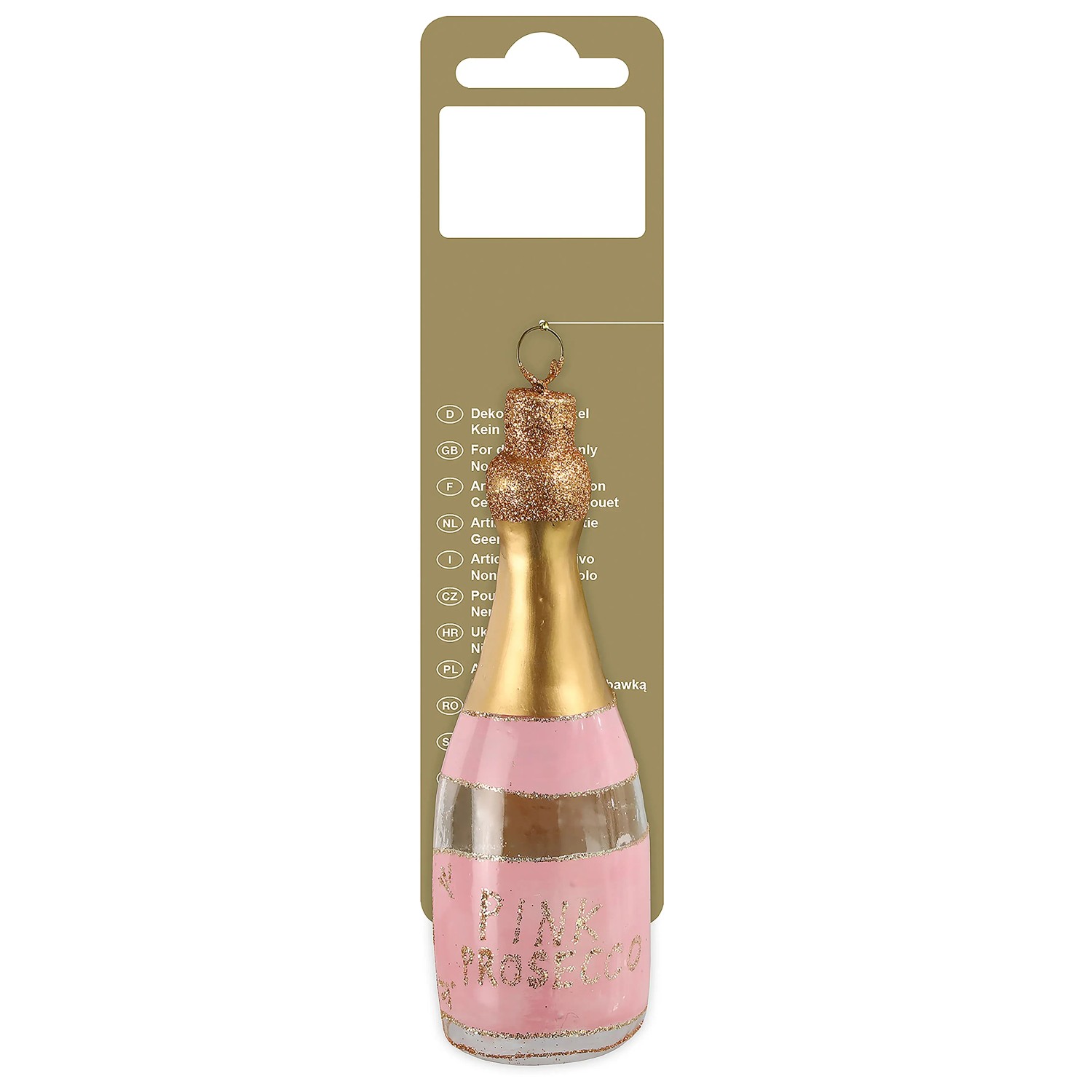 Weihnachts-Deko Proseccoflasche zum Hängen aus Glas 12 x 4 x 4 cm Rosa/Gold