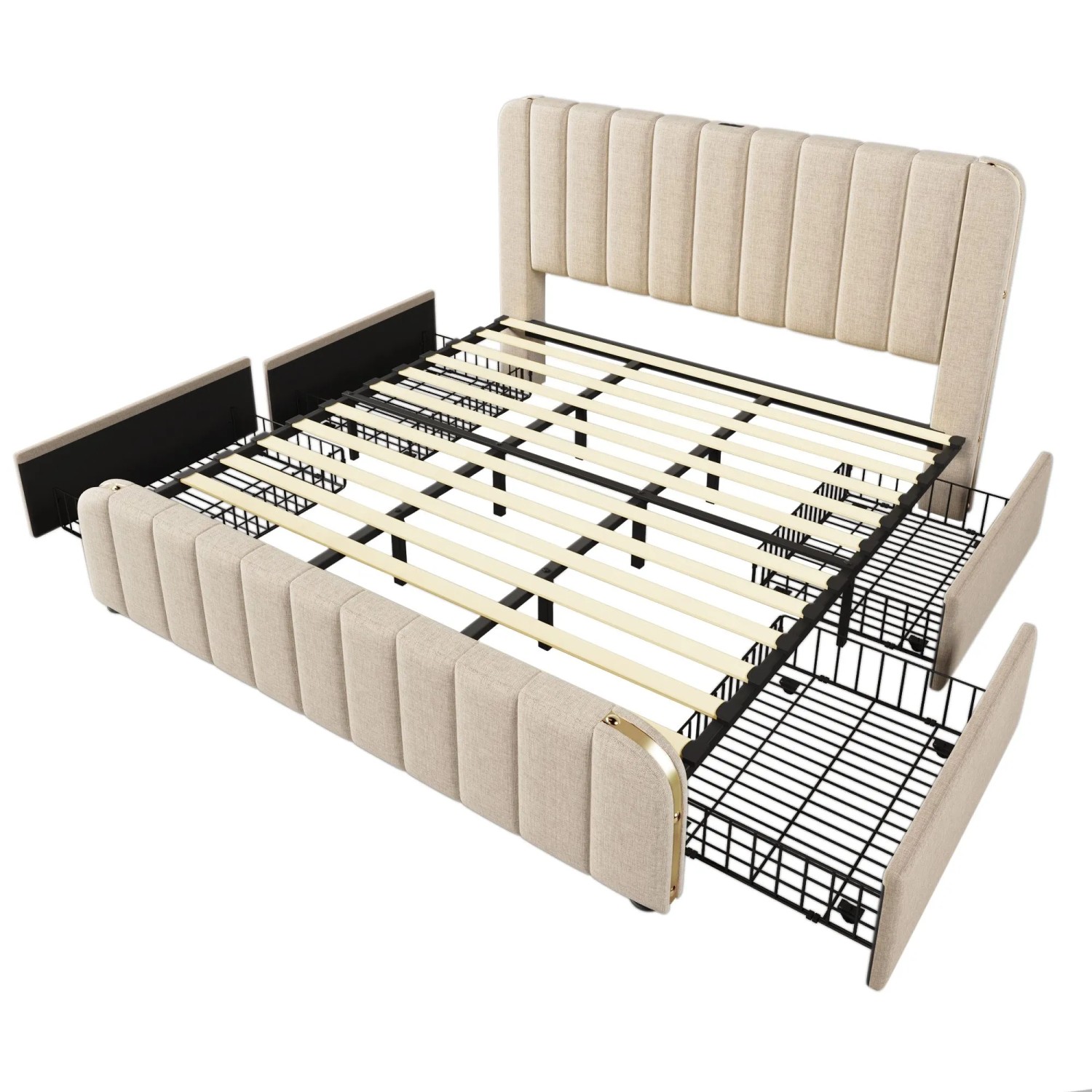 Merax Polsterbett 180x200cm USB-C Schubladen Beige Leinen