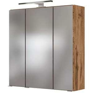 Held Möbel Badmöbel-Set Bari, 60 cm, matt Grau/Wotaneiche mit Spiegelschrank und LED-Leuchte.
