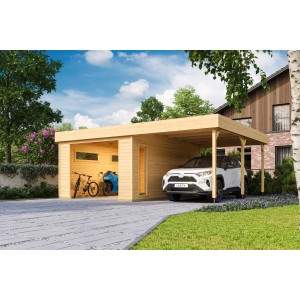 Lasita Maja Holzgarage Bahamas mit Anbau und Auto. Naturholz, 660x540cm.