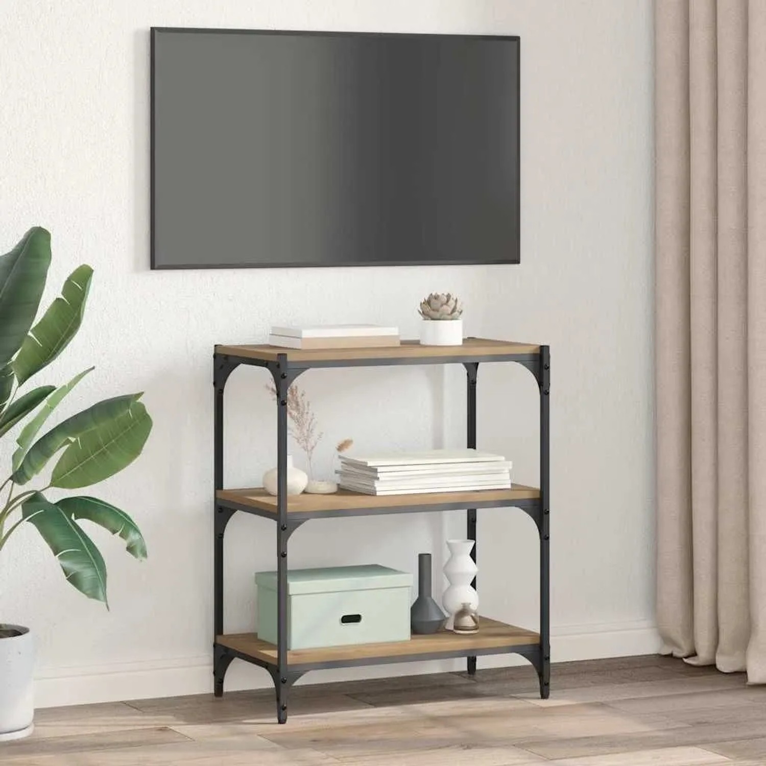 vidaXL Bücherregal Artisan-Eiche mit 3 Holzwerkstoff-Regalen und schwarzem Eisenrahmen, industrieller Stil.