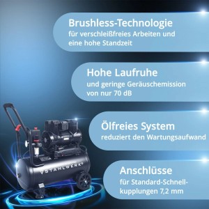 STAHLWERK ST-310 Pro Kompressor: Ölfrei, leise (70 dB), mit Zubehör wie Reifenfüller und Schlauch.