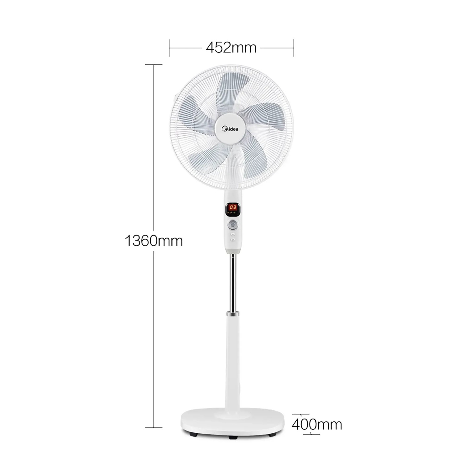 Weißer Midea Standventilator FS40-16CR mit LED-Display und 5 Rotorblättern.