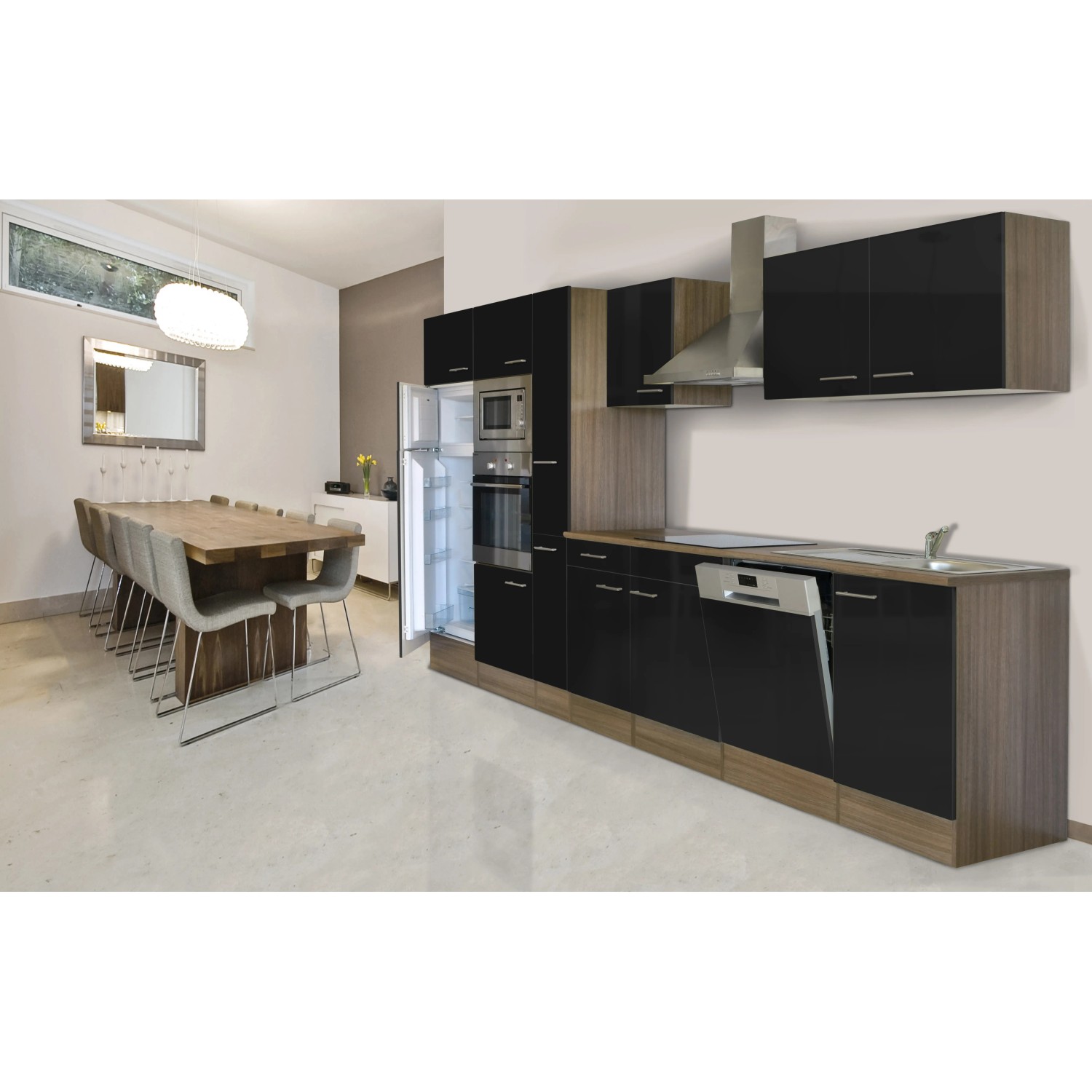 Respekta Küchenzeile KB370EYSMIGKE 370 cm, schwarz/Eiche York Nachbildung, mit E-Geräten.