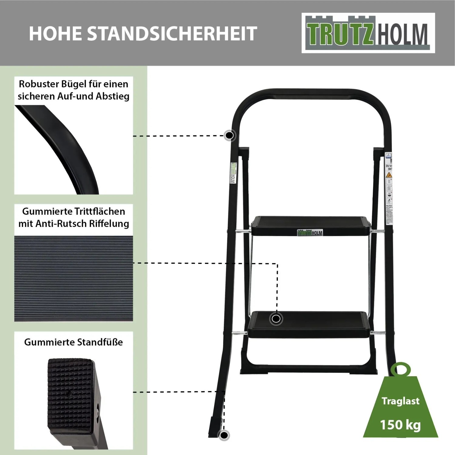 Schwarze TRUTZHOLM Trittleiter mit 2 Stufen, klappbar und rutschfest, für sicheren Stand.